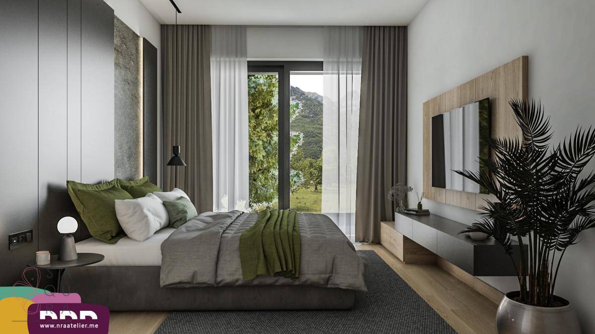 Helles Schlafzimmer mit Blick auf die Berge, großem Fenster und modernem TV-Möbel.