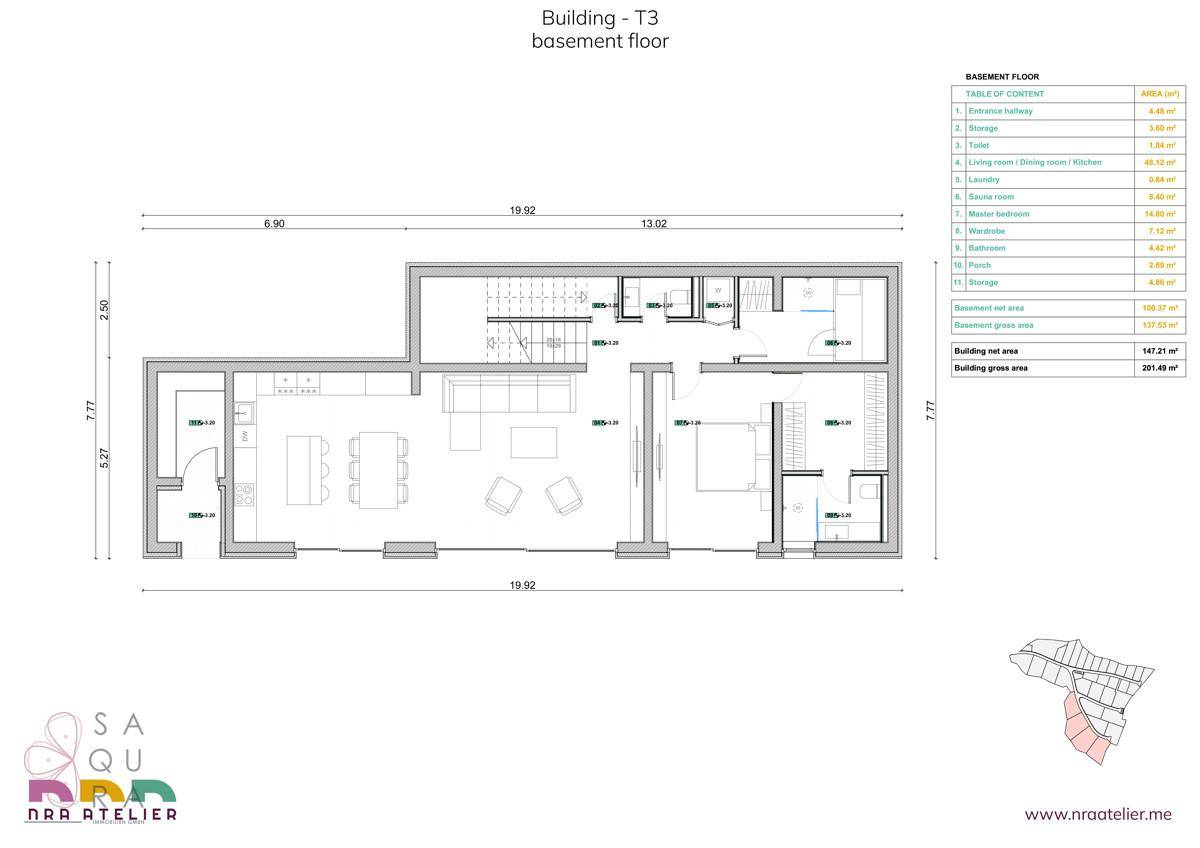 Grundriss des Kellergeschosses mit Wohnbereich, Schlafzimmer und Sauna.