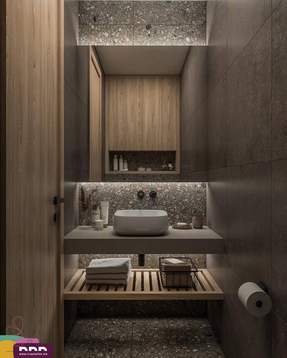 Modernes Gäste-WC mit dunklen Fliesen, Holzschrank und Aufsatzwaschbecken.
