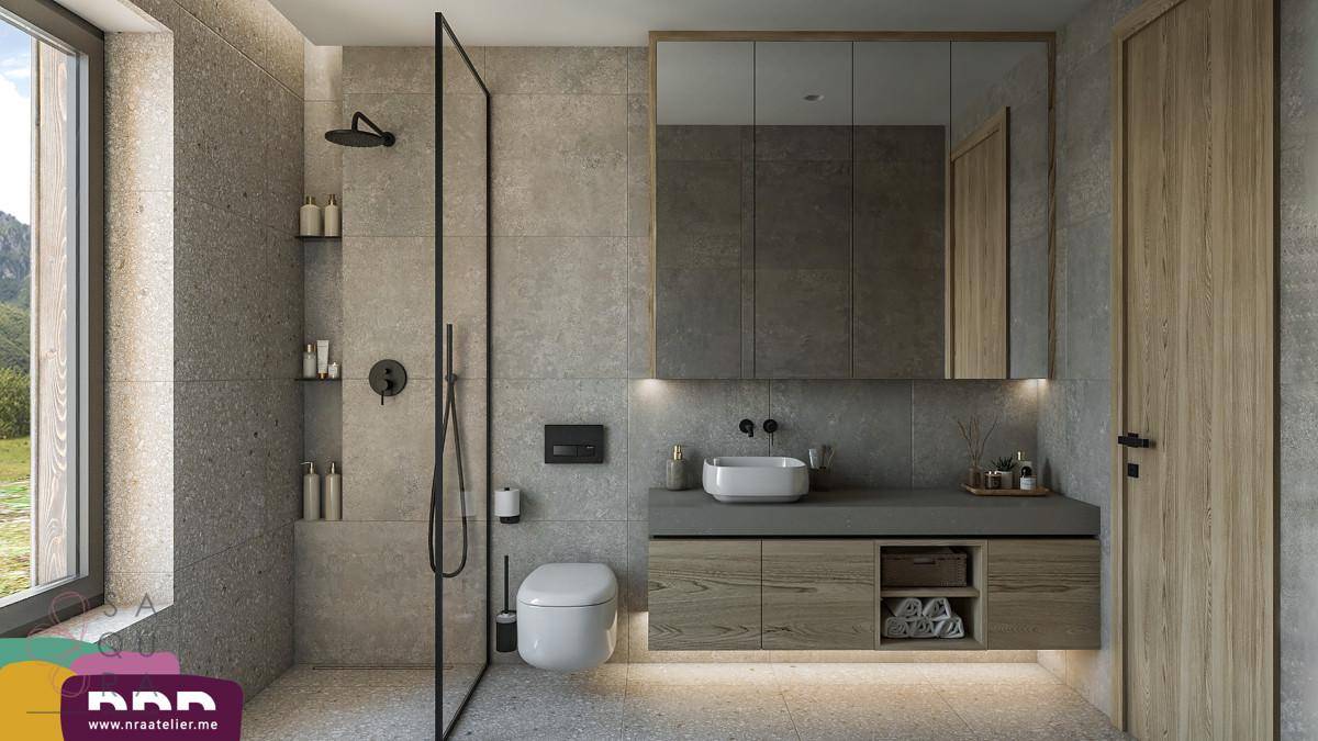 Modernes Badezimmer mit begehbarer Dusche, Wand-WC und großem Fenster mit Bergblick.