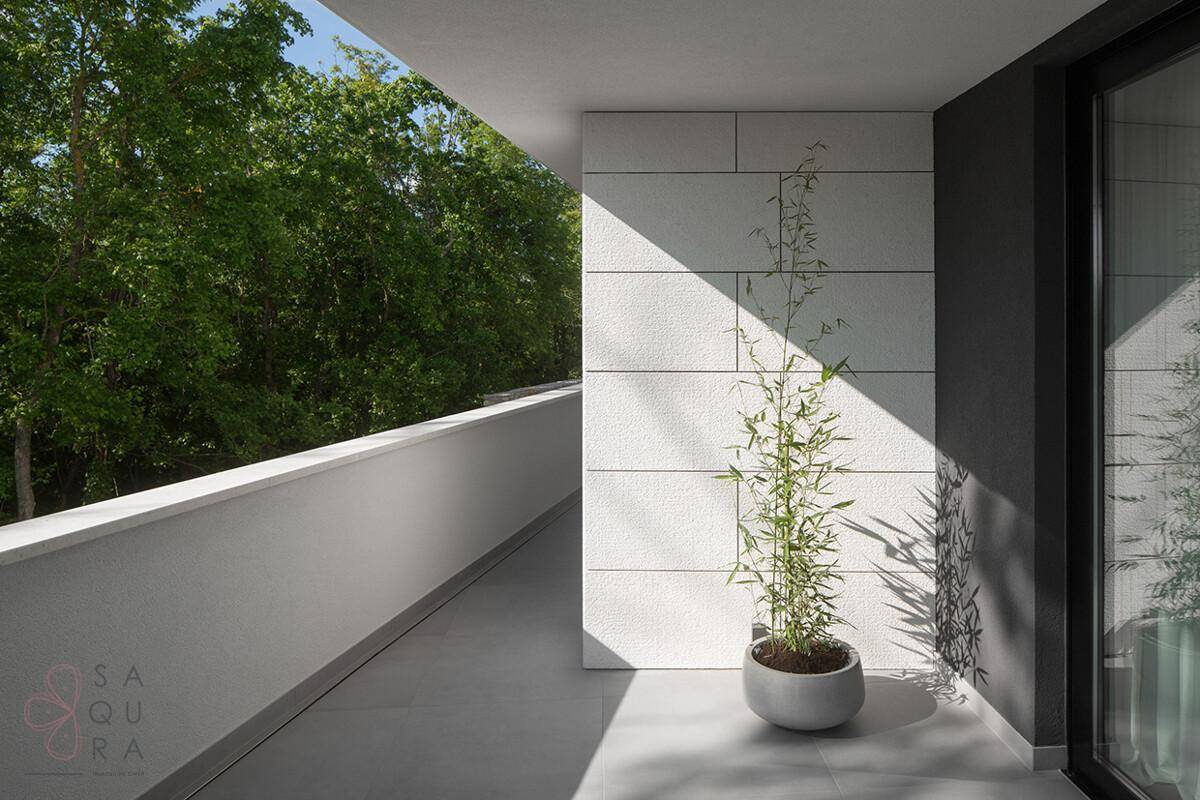 Moderner Balkon mit minimalistischer Bepflanzung und Blick auf die umliegende Natur.