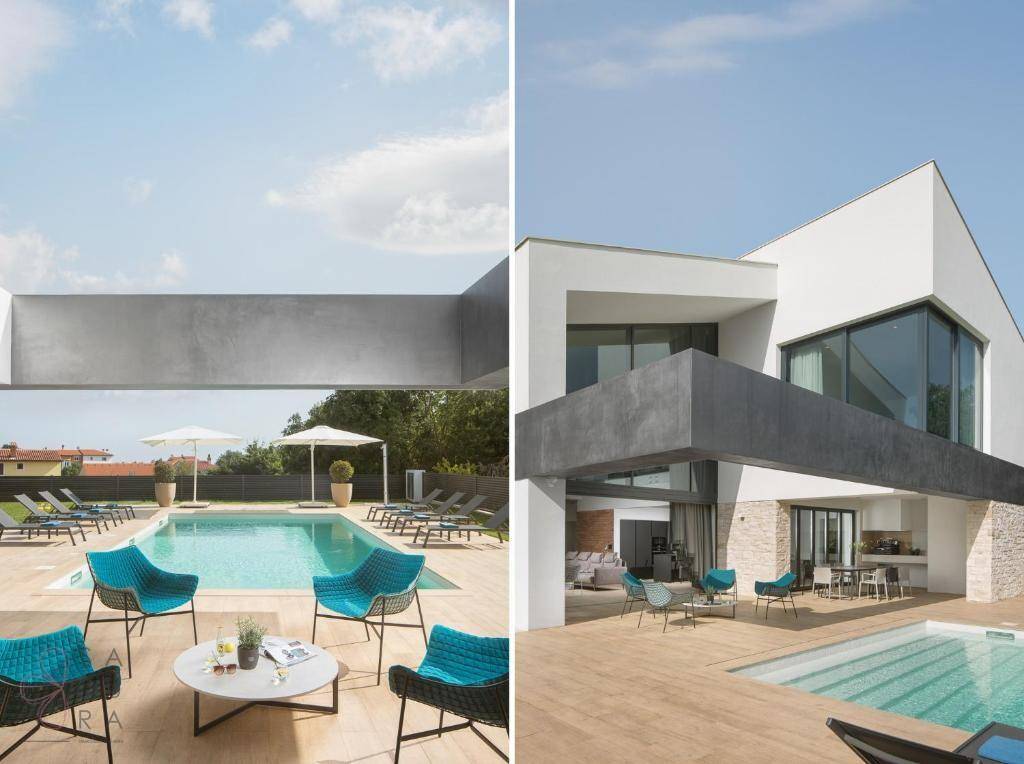 Collage von zwei Perspektiven des luxuriösen Poolbereichs mit moderner Terrasse und Sitzgelegenheiten.