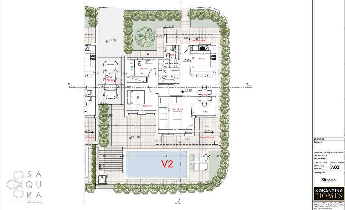 Lageplan der Villa mit Pool, Garten, Parkplatz und umliegender Bepflanzung für Privatsphäre.