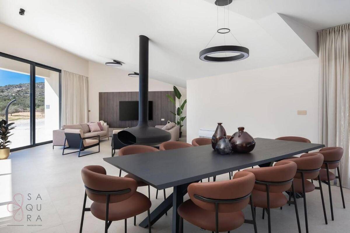 Geräumiger Wohn-Essbereich mit modernem Hängekamin, großem Esstisch und bequemen Sofas.