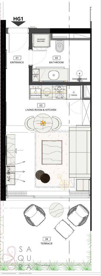 Grundriss einer Wohnung mit offenem Wohn- und Küchenbereich, Bad und Terrasse.