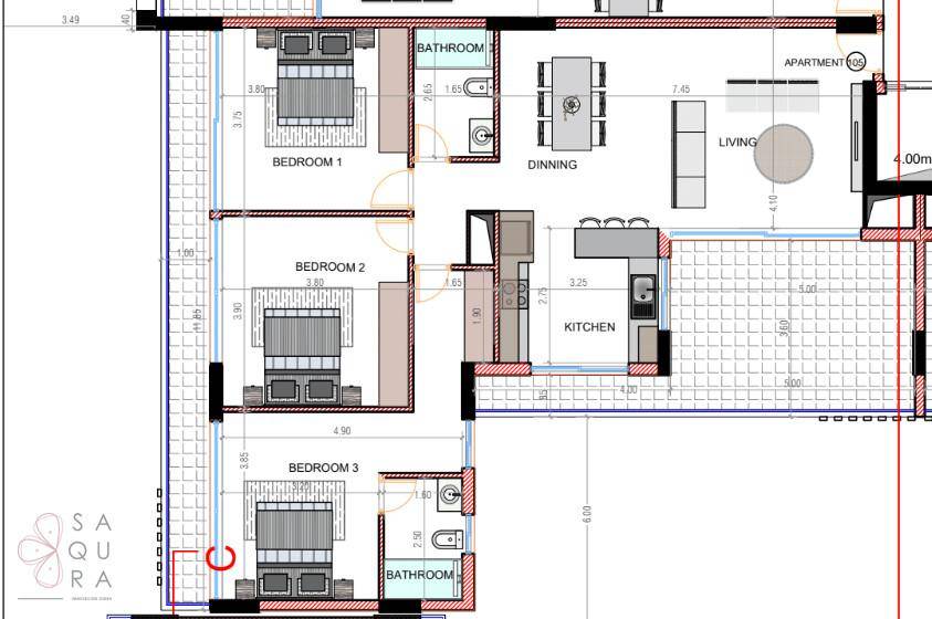 Grundriss einer Wohnung mit drei Schlafzimmern, zwei Bädern und offenem Wohn-Essbereich.
