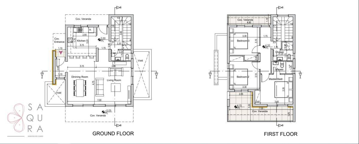 Grundrisspläne für Kellergeschoss und Dach einer modernen Villa.