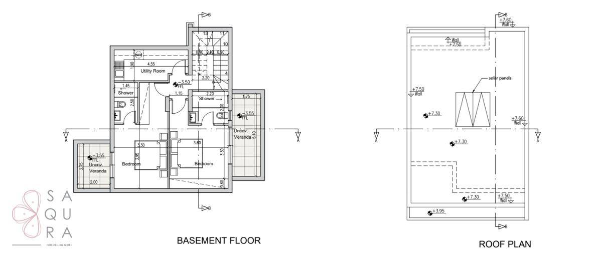 Grundriss des Untergeschosses und Dachplans mit Abstellraum und Solaranlagen.