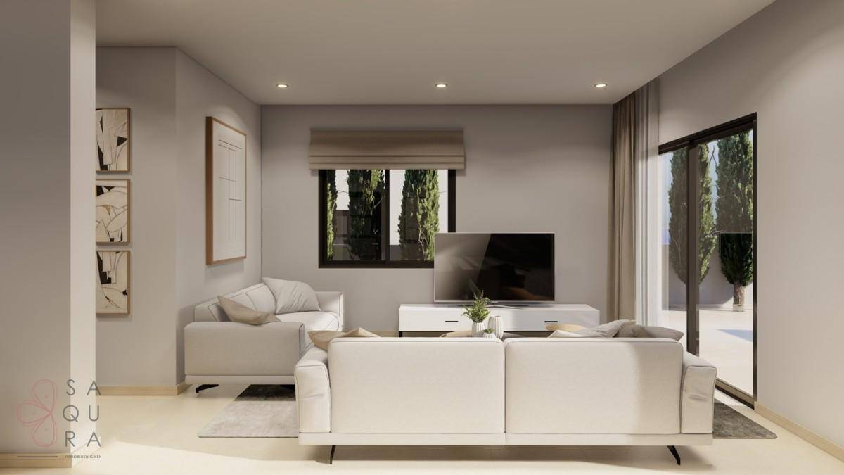 Helles Wohnzimmer mit bequemen Sofas, modernem Medienschrank und großen Fenstern.