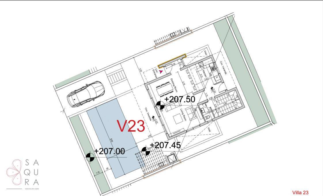 Grundriss der Villa 23 mit privatem Pool, Parkplatz und detaillierter Raumaufteilung.