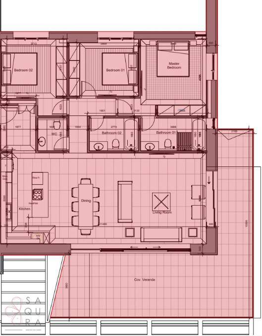Detaillierter Grundriss einer Wohnung mit drei Schlafzimmern, zwei Bädern und großer Terrasse.
