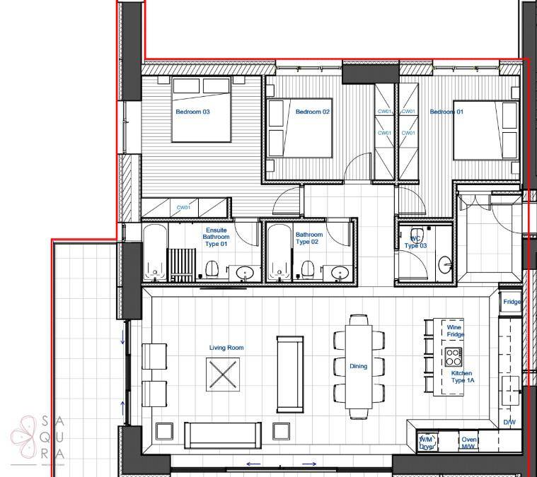 Detaillierter Grundriss einer Wohnung mit drei Schlafzimmern, zwei Bädern und offenem Wohnbereich.
