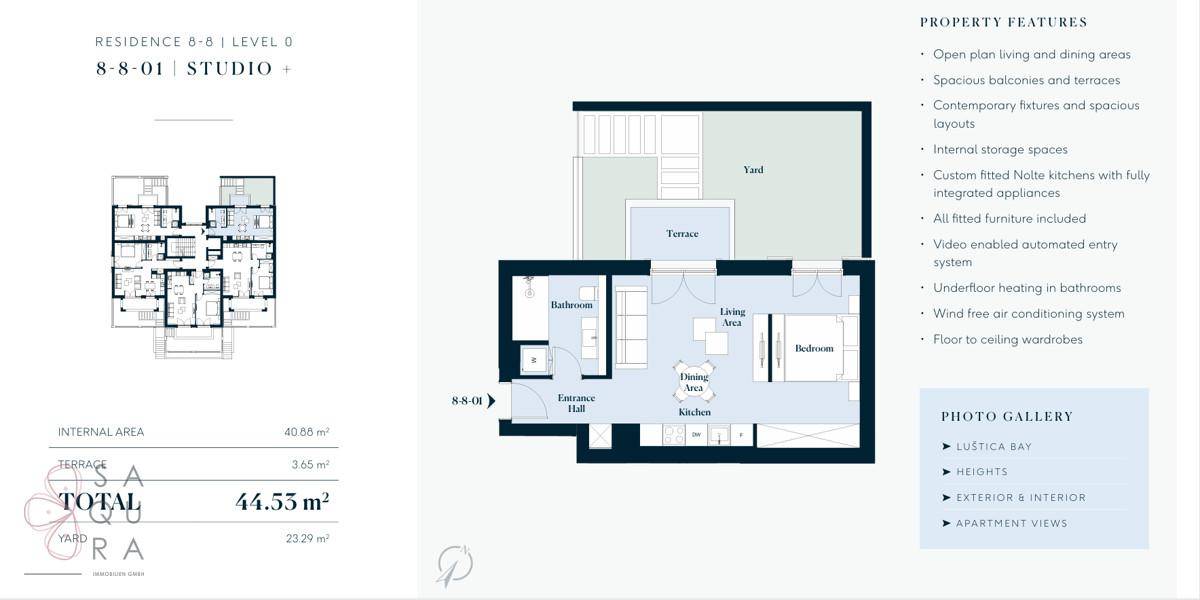 Grundriss der Residenz 8-8-01, Level 0 Studio, mit offenem Wohnbereich, Schlafzimmer und großer Terrasse.