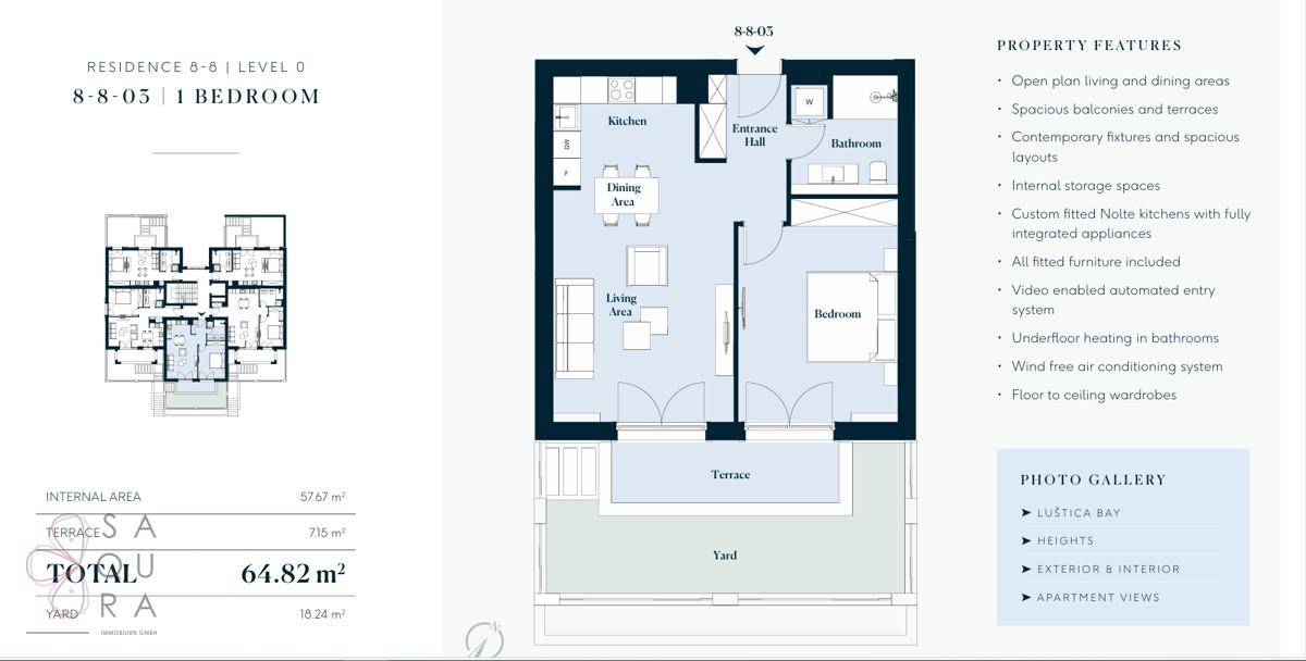 Detaillierter Grundriss einer 1-Schlafzimmer-Wohnung mit offener Wohnküche und Terrasse.