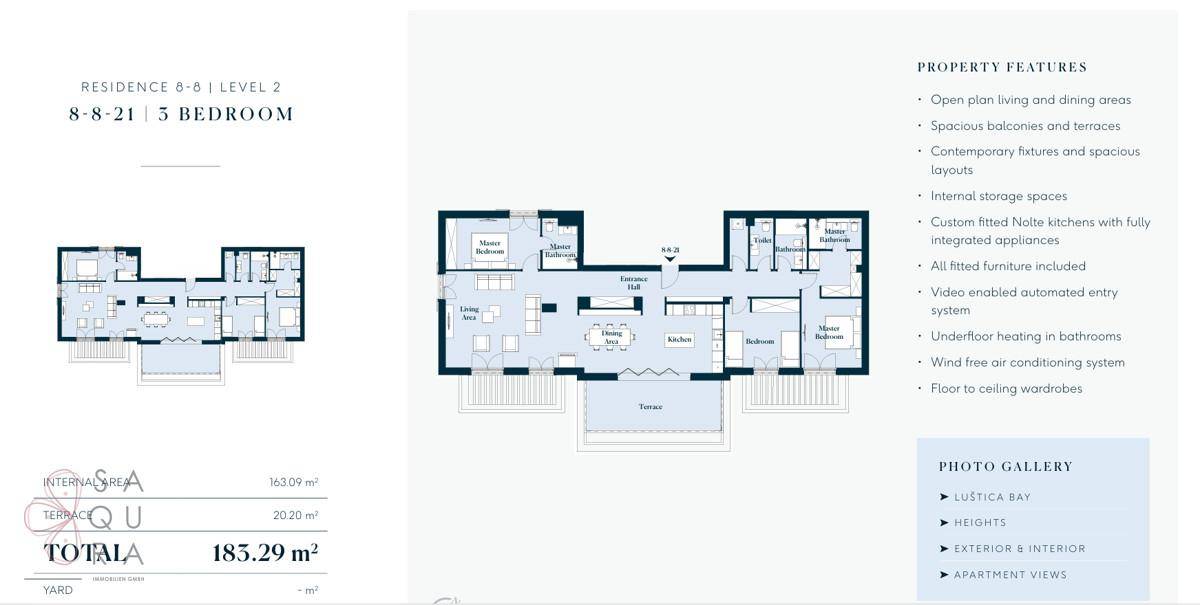 Grundrisspläne einer Residenz mit drei Schlafzimmern und detaillierten Eigenschaften.