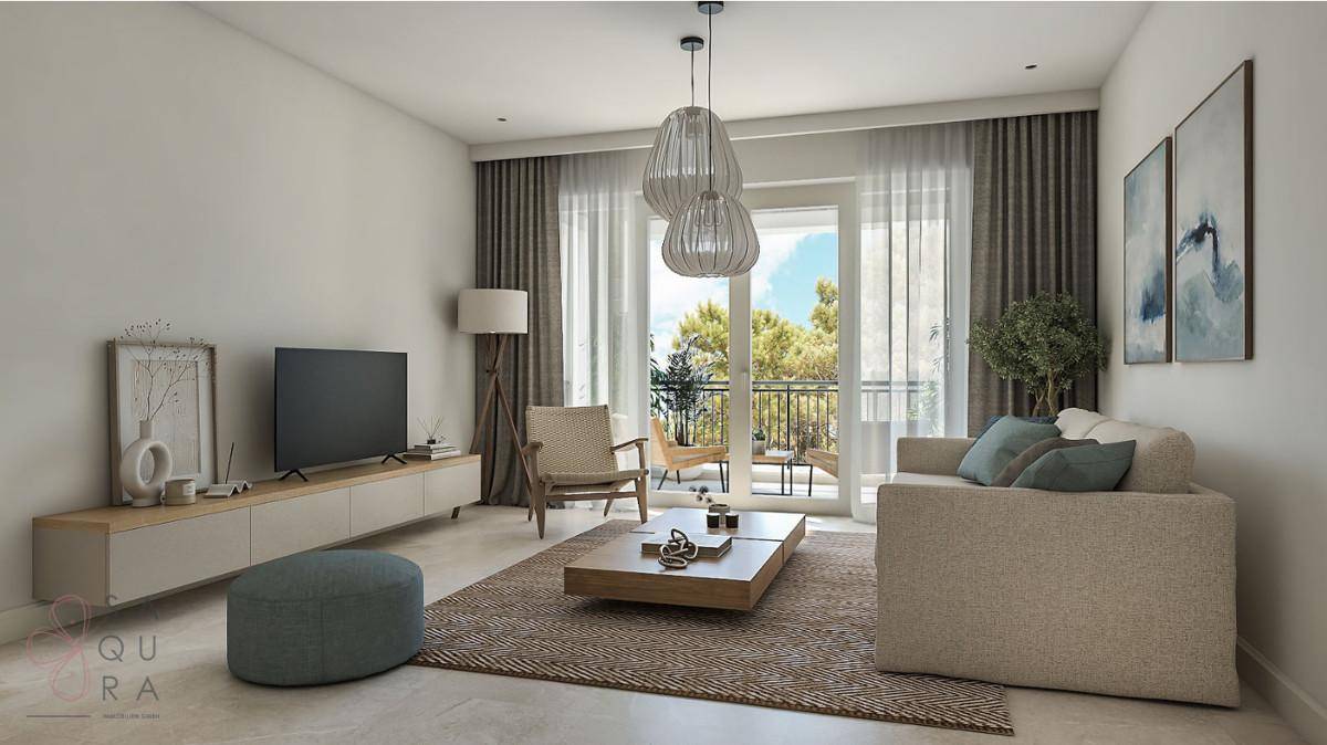 Helles und modern eingerichtetes Wohnzimmer mit großem Fenster und Zugang zum Außenbereich.