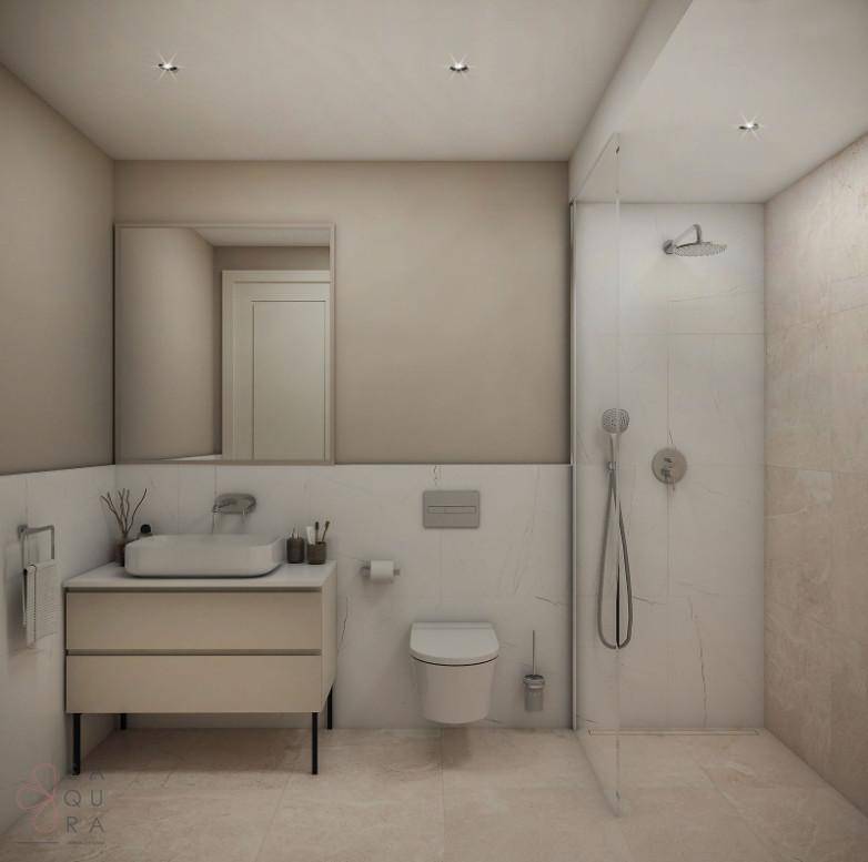 Modernes Badezimmer mit begehbarer Dusche, wandhängendem WC und elegantem Waschtisch.