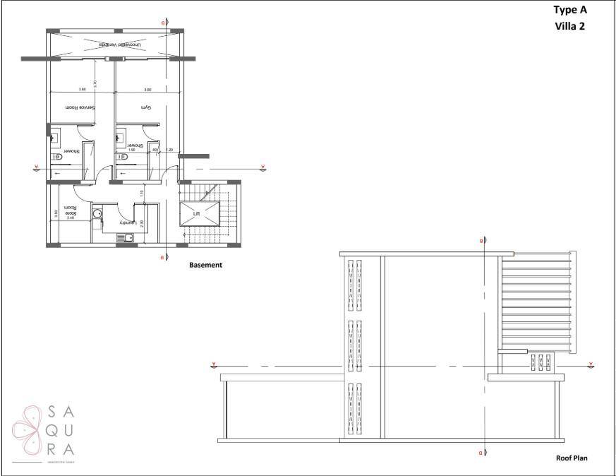 Grundriss des Kellers und des Dachs einer Villa, zeigt Fitnessraum und Technikräume.