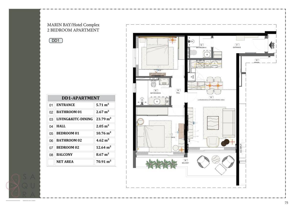 Grundriss einer 2-Zimmer-Wohnung mit Balkon und offenem Wohn-Essbereich.
