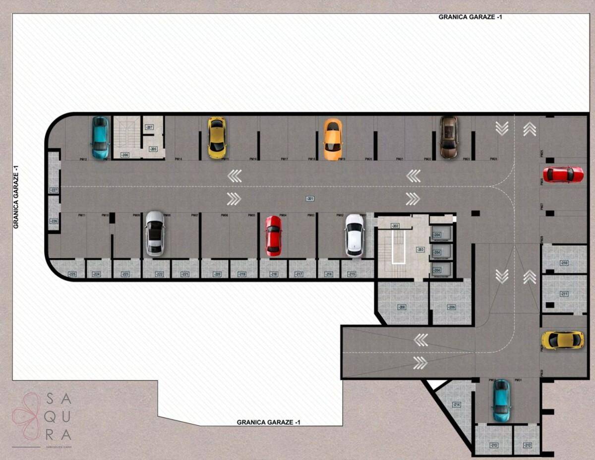 Grundriss einer Tiefgarage mit zahlreichen Parkplätzen und Zufahrtswegen.