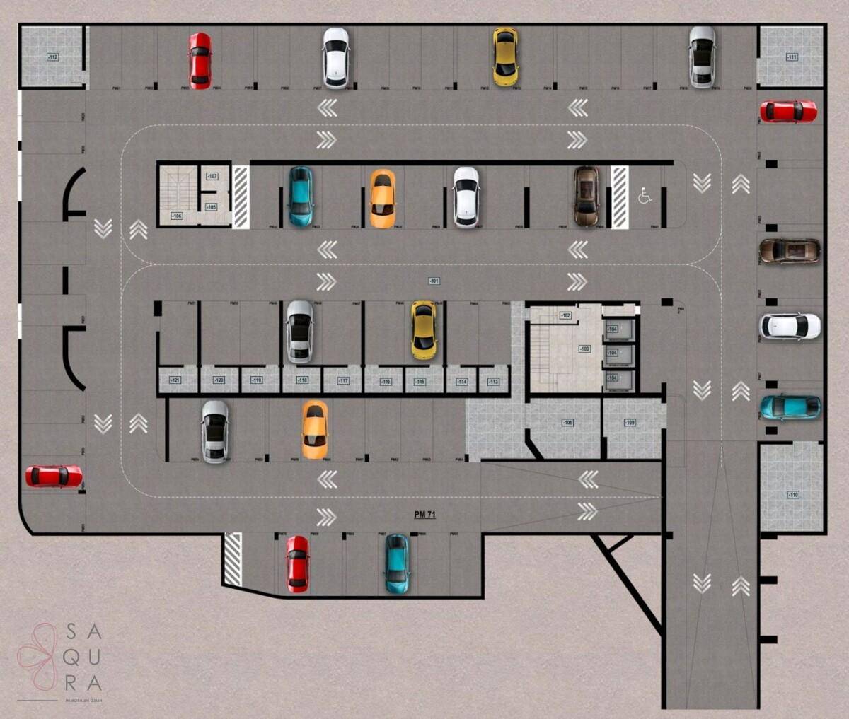 Detaillierter Grundriss einer Tiefgarage mit markierten Parkbuchten und Fahrspuren.