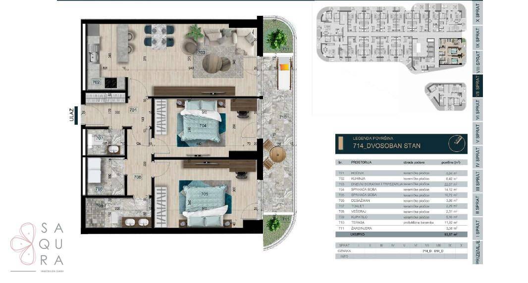 Grundriss einer Wohnung mit zwei Schlafzimmern, offenem Wohnbereich und Balkon.