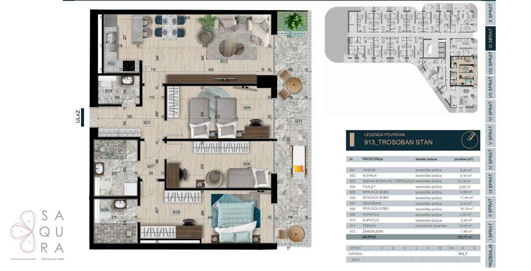 Detaillierter Grundriss einer 3-Zimmer-Wohnung mit offenem Wohnbereich und Balkon.