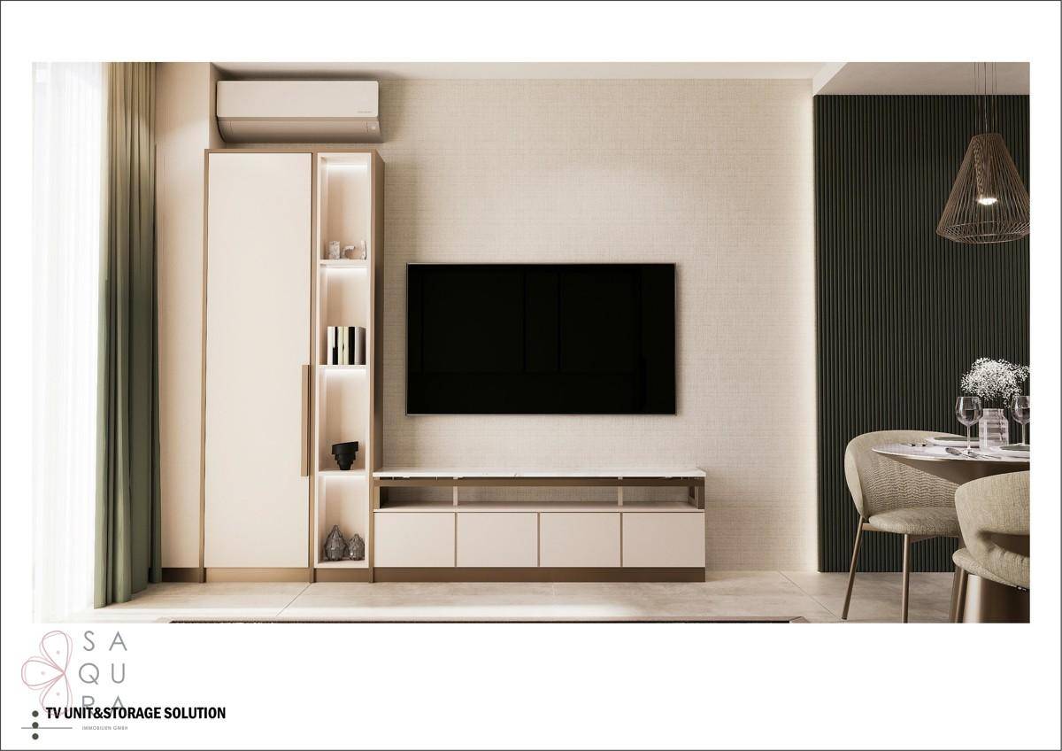 Modernes Wohnzimmer mit integriertem TV-Möbel, Stauraum und minimalistischem Design.