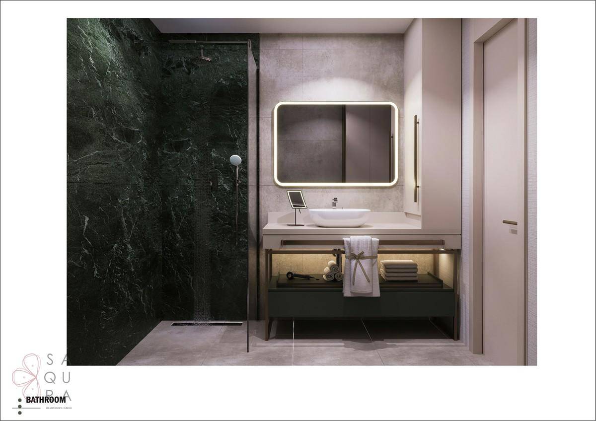 Modernes Badezimmer mit begehbarer Dusche, elegantem Waschtisch und dunklen Marmorfliesen.