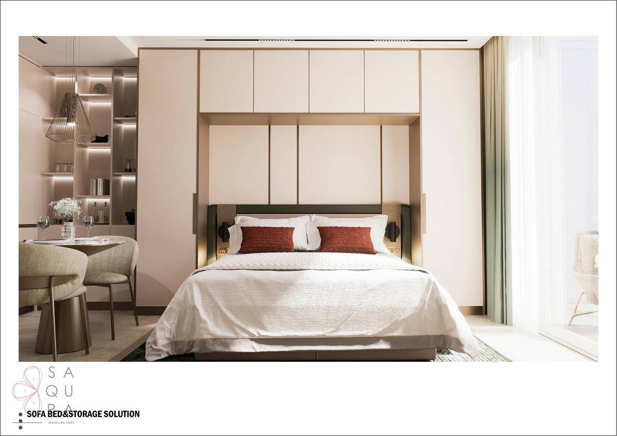 Gemütlicher Schlafbereich mit integriertem Bett und cleveren Stauraumlösungen.