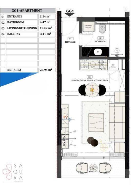 Grundriss einer Wohnung mit Wohn-Essbereich, Bad und Balkon.