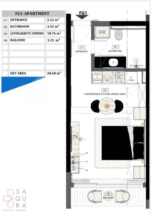 Grundriss eines Apartments mit Wohn-Essbereich, Bad, Eingang und Balkon.