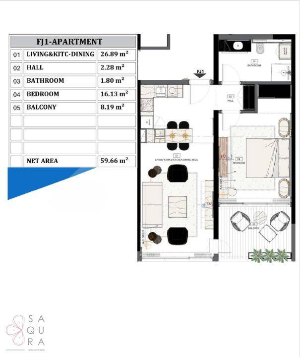 Grundriss einer Wohnung mit Wohn-Essbereich, Schlafzimmer, Bad und Balkon.