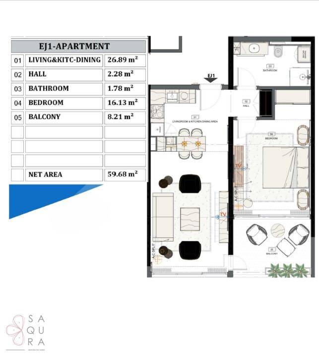 Grundriss einer 59,68 m² großen Wohnung mit Wohn-Essbereich, Schlafzimmer und Balkon.