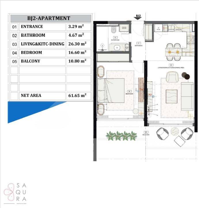 Detaillierter Grundriss einer Wohnung mit Schlafzimmer, Bad und offenem Wohnbereich.