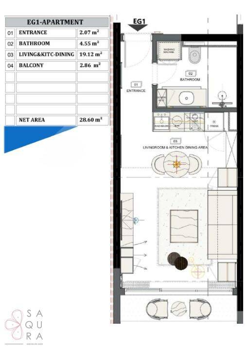 Grundriss des EG1-Apartments mit offenem Wohn-Essbereich, Bad und Balkon.