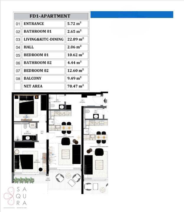 Grundriss einer Wohnung mit zwei Schlafzimmern, zwei Bädern und einem Balkon.