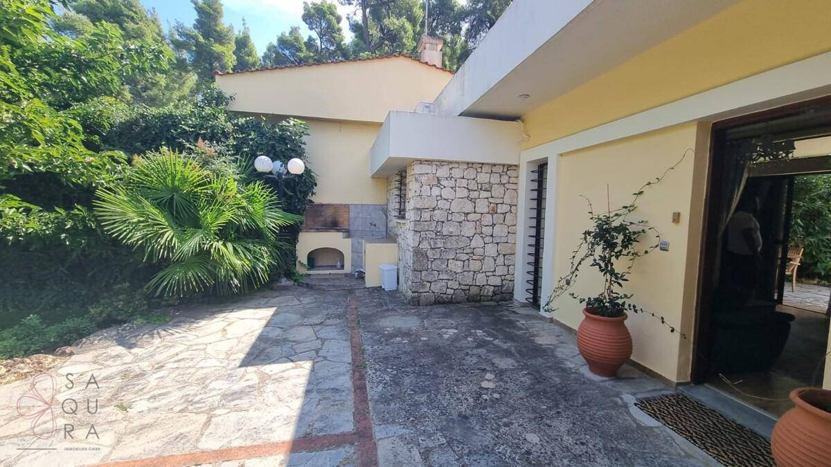 Seitlicher Außenbereich des Hauses mit integriertem Grillplatz und Natursteinverkleidung.