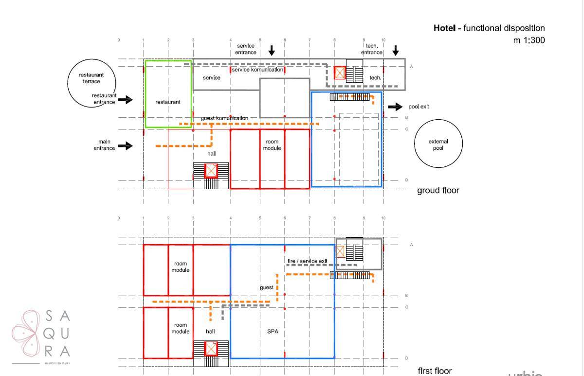 Funktionsplan des Hotels für Erdgeschoss und ersten Stock mit Restaurant und Spa-Bereich.