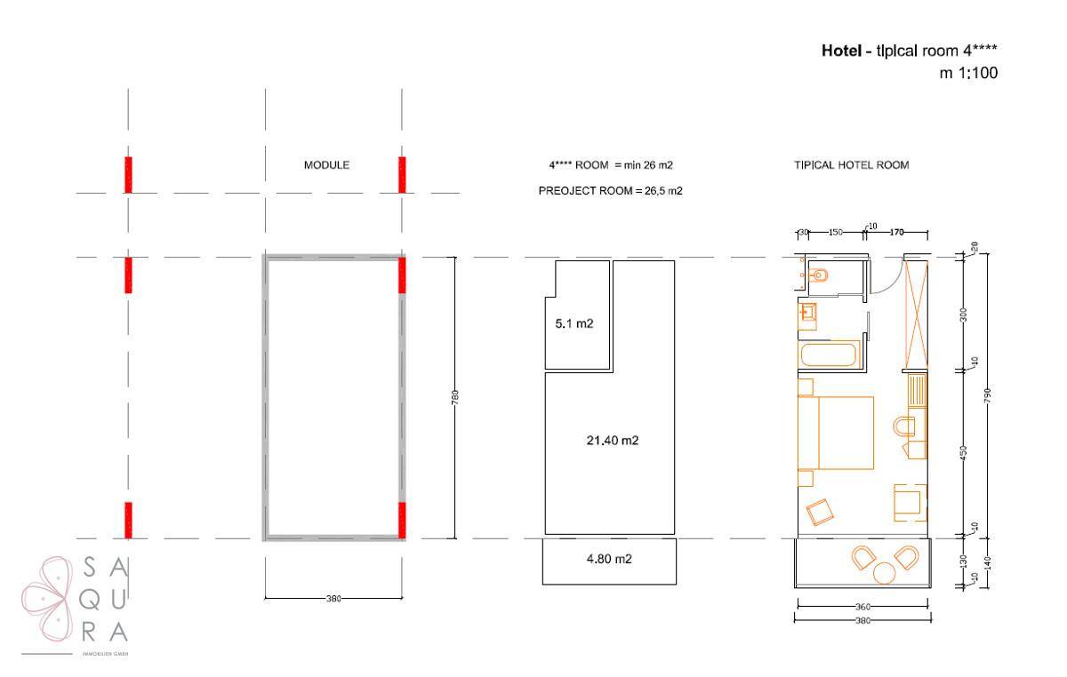 Grundriss eines typischen Hotelzimmers mit Bad und Schlafbereich.