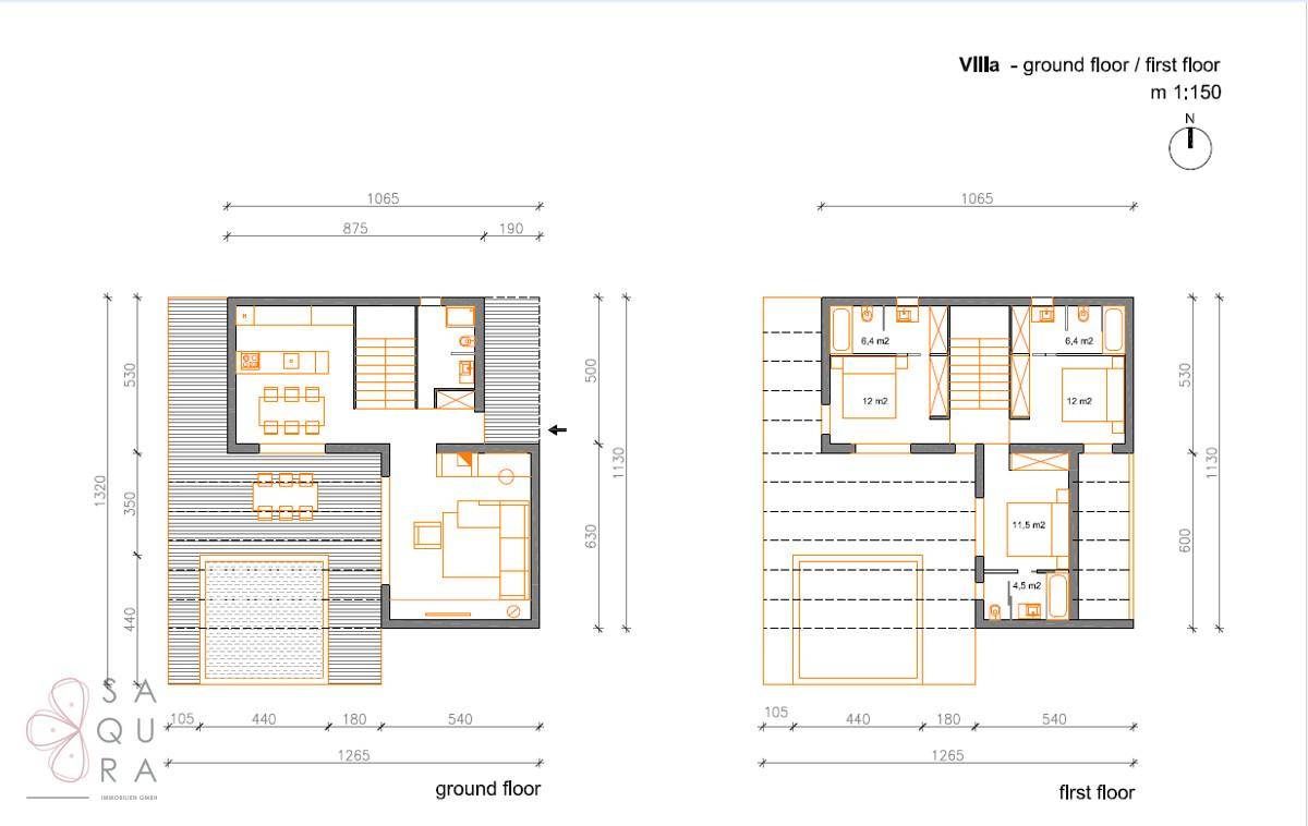 Grundrisse der Villa für Erdgeschoss und ersten Stock mit Wohn- und Schlafbereichen.