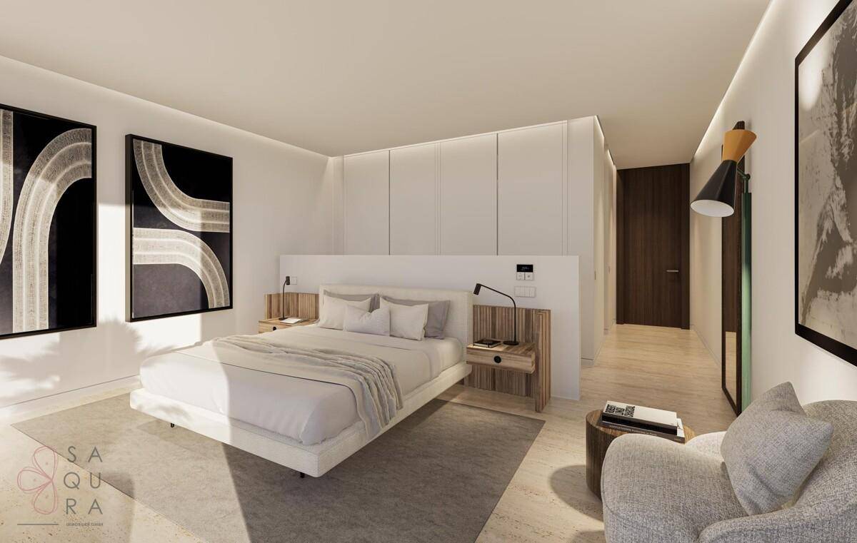 Elegantes Schlafzimmer mit integrierten Schränken und modernem Design.