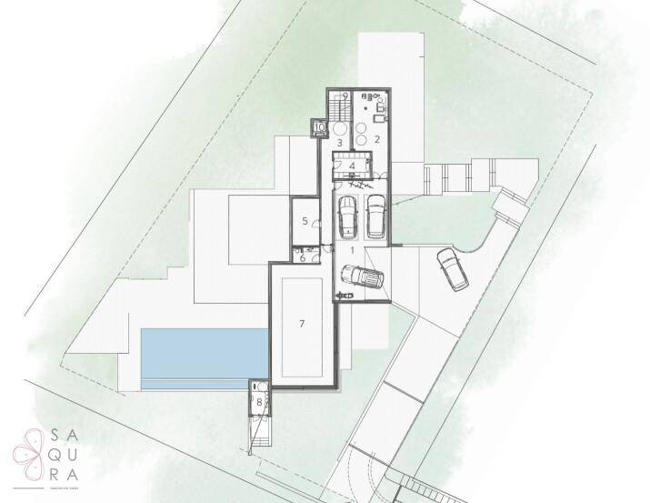 Grundriss der unteren Ebene mit Garage, Technikräumen und Zugang zum Pool.