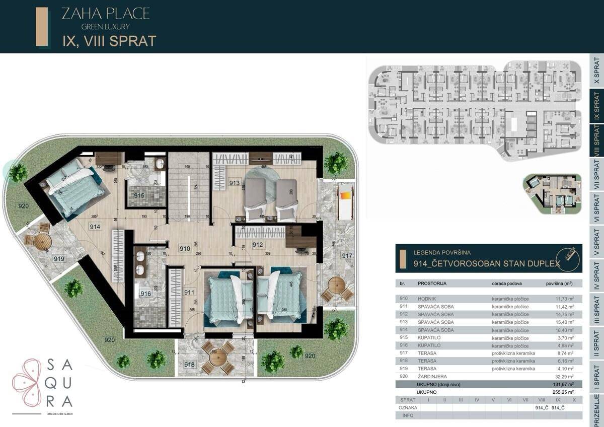 Grundriss der oberen Etage eines Duplex-Apartments mit drei Schlafzimmern und Terrassen.