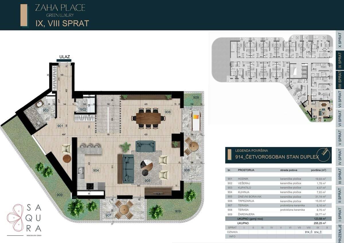 Grundriss eines Duplex-Apartments mit offenem Wohnbereich, Küche und mehreren Terrassen.