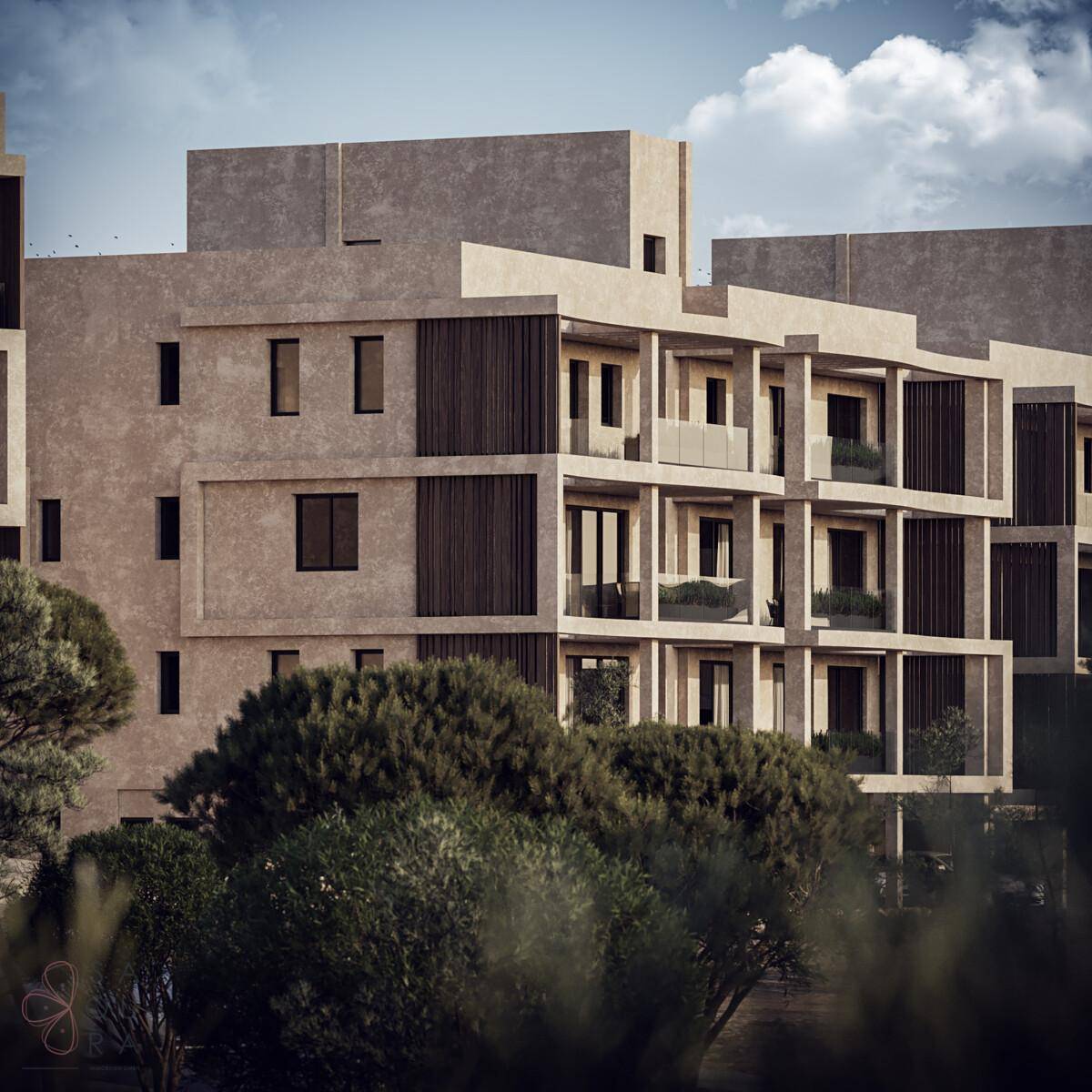 Moderne Wohngebäude mit mehreren Etagen, Balkonen und dunklen Holzdetails in einer grünen Umgebung.