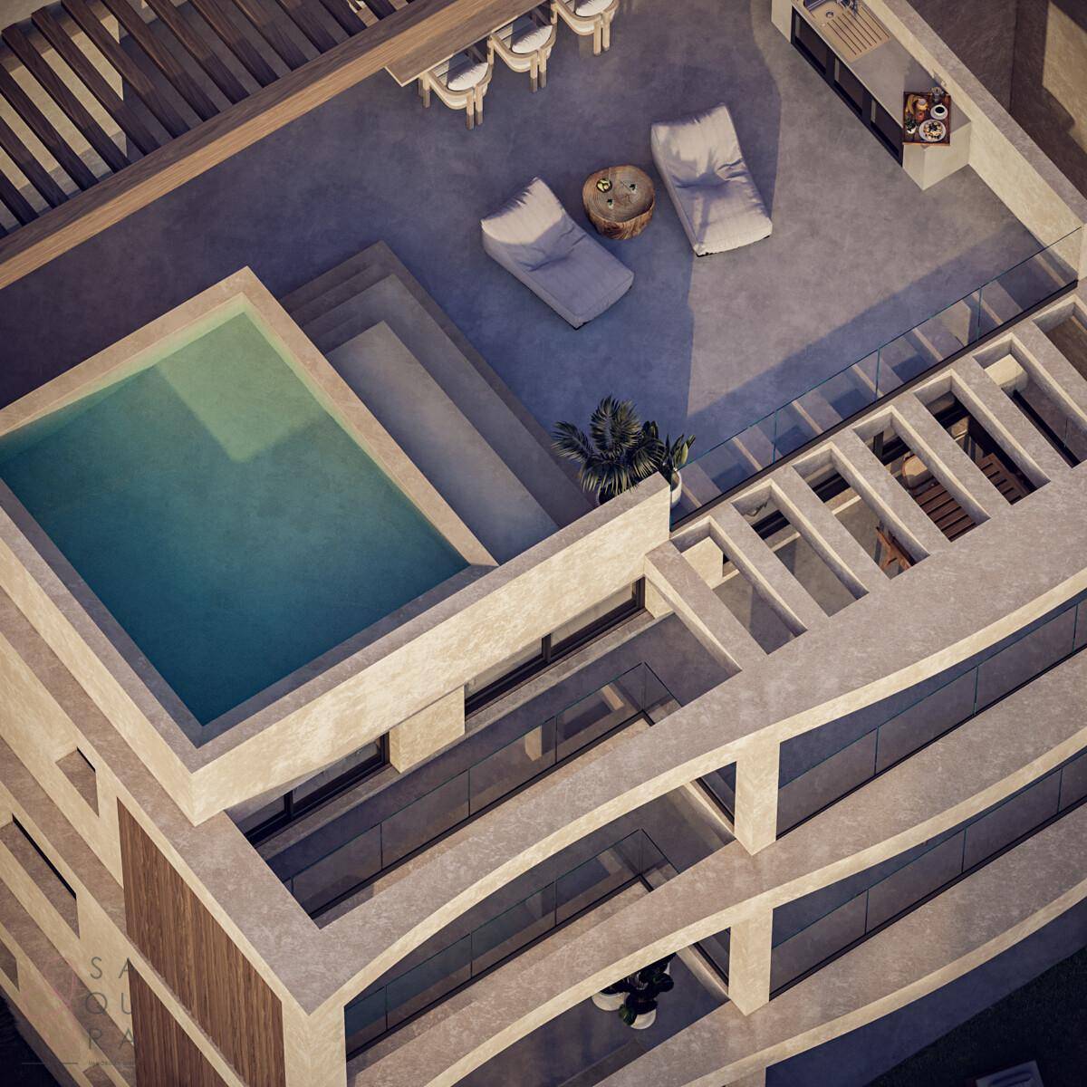 Dachterrasse mit privatem Pool, Sitzgelegenheiten und Blick auf die umliegenden Gebäude des Komplexes.