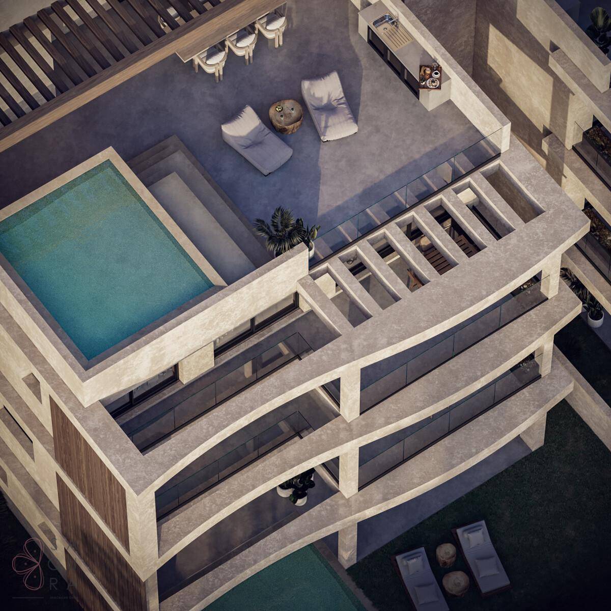 Dachterrasse mit privatem Pool, Sonnenliegen und einer Außenküche in moderner Architektur.