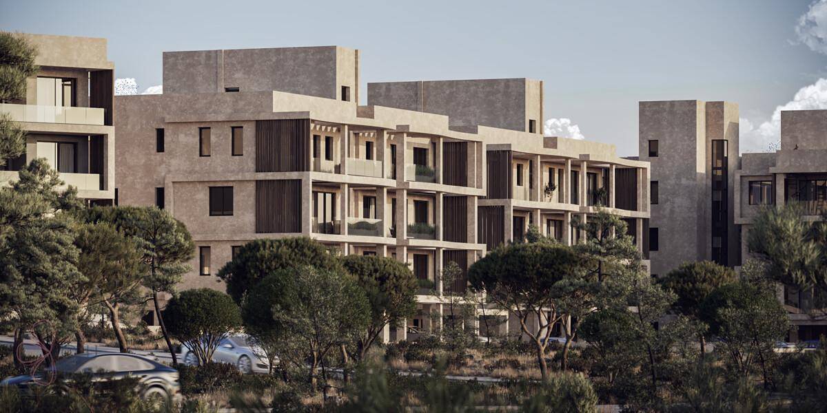 Moderne Wohngebäude in einer grünen Umgebung mit vielen Bäumen und Sträuchern.