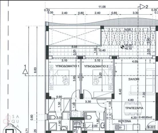Detaillierter Grundriss einer Wohnung mit zwei Schlafzimmern und offenem Wohnbereich.